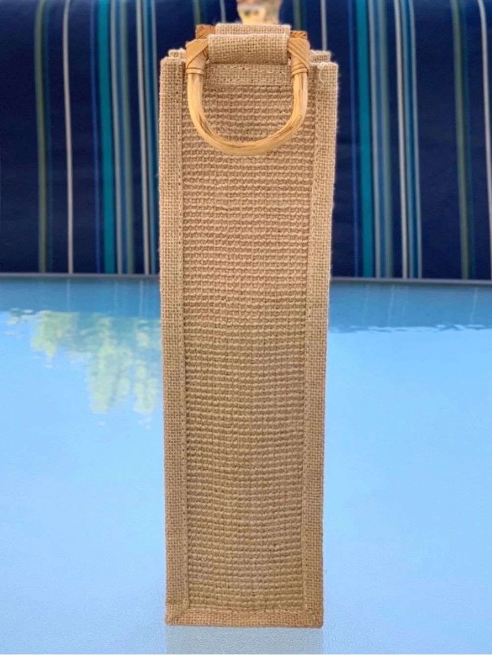 Jute Single Wine Bottle Natural Tan Gift Bag with Bamboo Handles